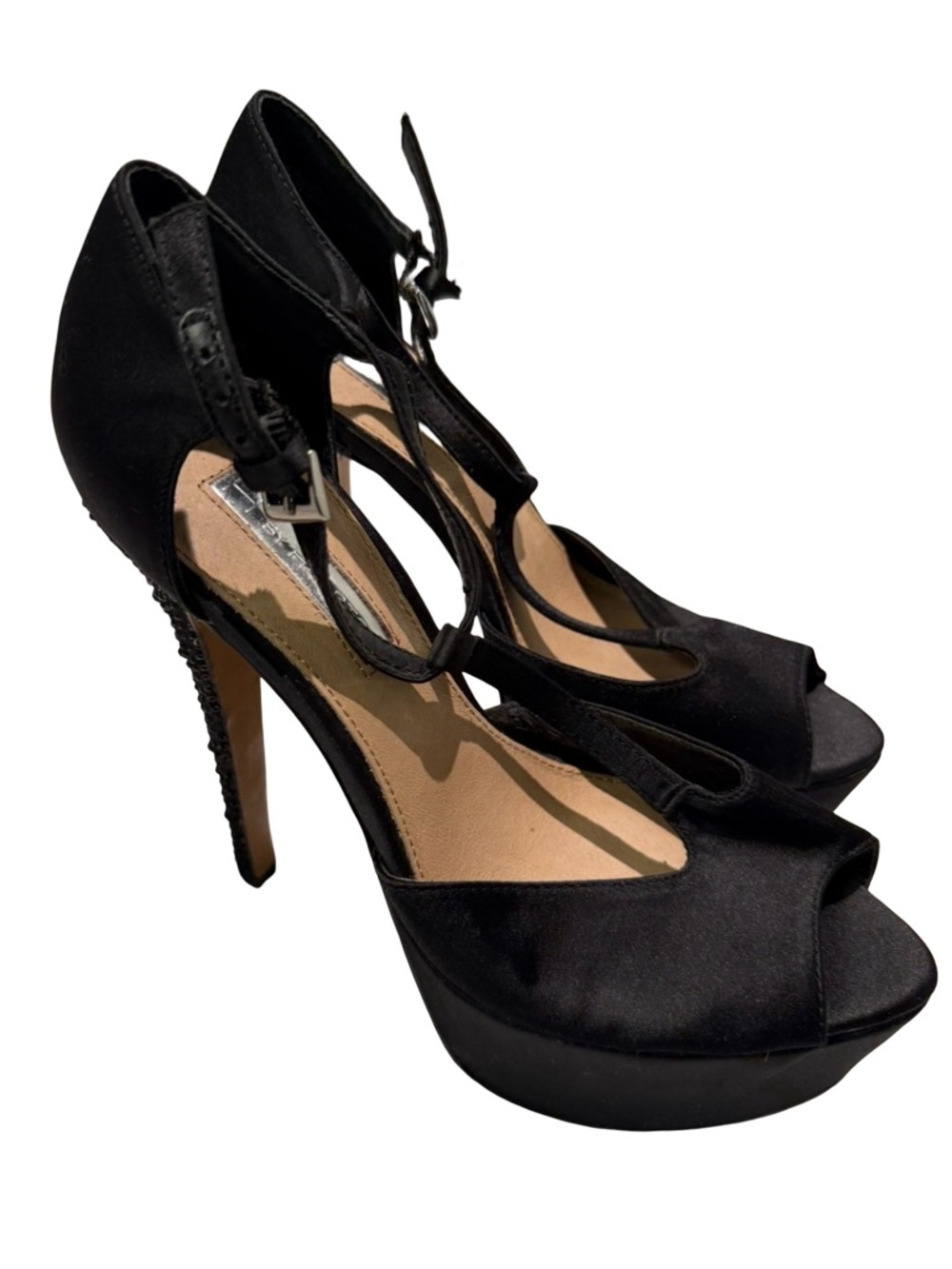H by Halston Black Satin Peep-Toe Platform Heels Ankle Straps with rhinestones